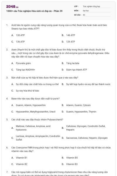 1000+ câu Trắc nghiệm Hóa sinh có đáp án - Phần 39