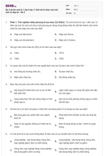 Bộ 3 đề thi cuối kì 1 Địa lí lớp 11 Kết nối tri thức cấu trúc mới có đáp án - Đề 3