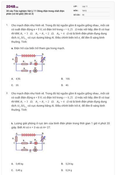 30 câu Trắc nghiệm Vật Lí 11 Dòng điện trong chất điện phân (có lời giải) (Đề số 3)