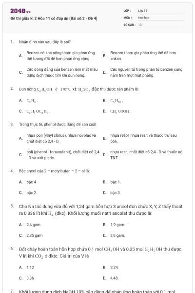 Đề thi giữa kì 2 Hóa 11 có đáp án (Bài số 2 - Đề 4)