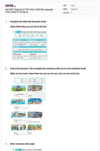 Giải SBT Tiếng anh 6 CTST Unit 3: Wild life Language Focus trang 27 có đáp án