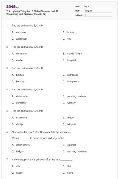 Trắc nghiệm Tiếng Anh 6 Global Success Unit 10 Vocabulary and Grammar (có đáp án)