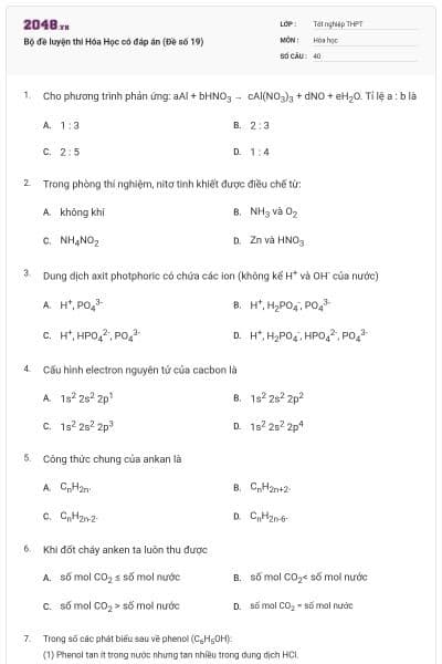 Bộ đề luyện thi Hóa Học có đáp án (Đề số 19)