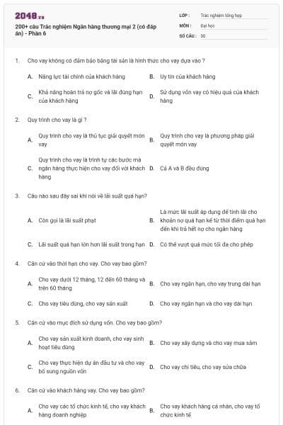 200+ câu Trắc nghiệm Ngân hàng thương mại 2 (có đáp án) - Phần 6