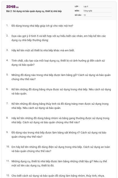 Bài 2: Sử dụng và bảo quản dụng cụ, thiết bị nhà bếp