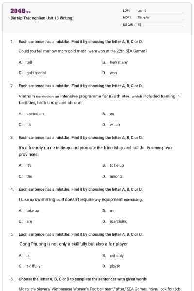 Bài tập Trắc nghiệm Unit 13 Writing