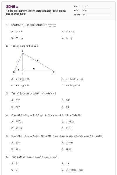 18 câu Trắc nghiệm Toán 9: Ôn tập chương I Hình học có đáp án (Vận dụng)