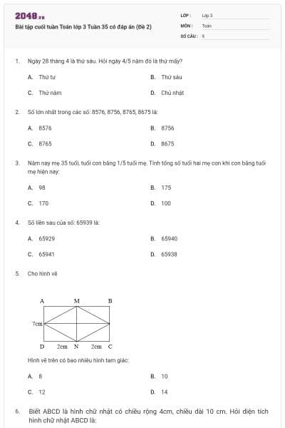 Bài tập cuối tuần Toán lớp 3 Tuần 35 có đáp án (Đề 2)