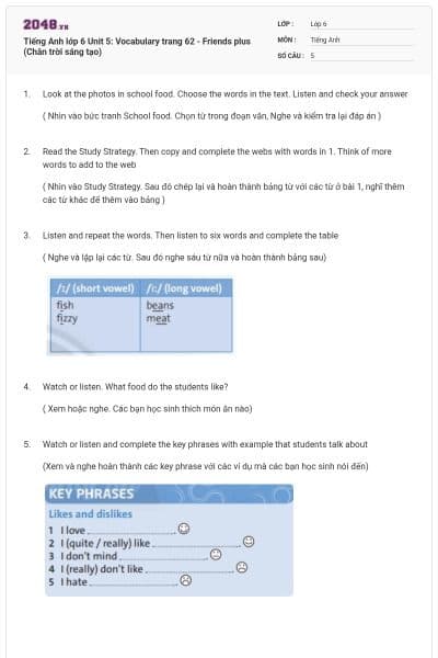 Tiếng Anh lớp 6 Unit 5: Vocabulary trang 62 - Friends plus (Chân trời sáng tạo)