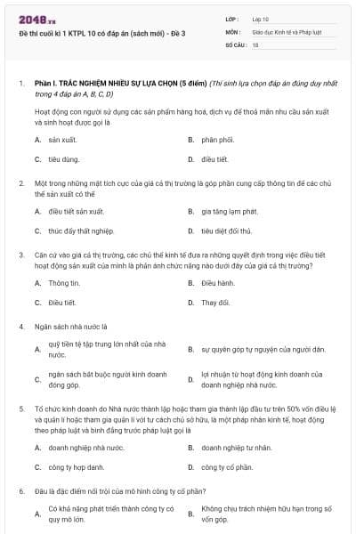 Đề thi cuối kì 1 KTPL 10 có đáp án (sách mới) - Đề 3