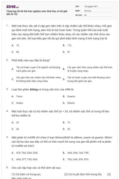 Tổng hợp đề thi thử trắc nghiệm môn Sinh Học có lời giải (Đề số 18)