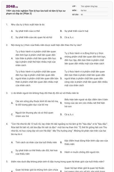 190+ câu trắc nghiệm Tâm lý học lứa tuổi và tâm lý học sư phạm có đáp án (Phần 3)