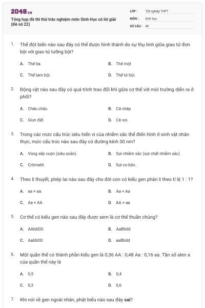 Tổng hợp đề thi thử trắc nghiệm môn Sinh Học có lời giải (Đề số 22)
