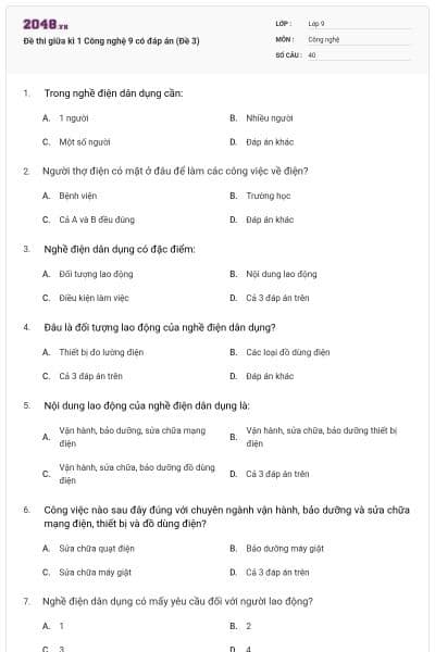 Đề thi giữa kì 1 Công nghệ 9 có đáp án (Đề 3)