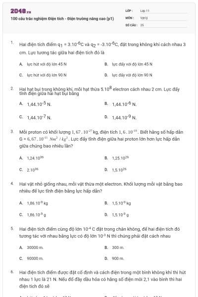 100 câu trắc nghiệm Điện tích - Điện trường nâng cao (p1)