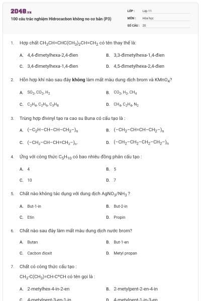 100 câu trắc nghiệm Hidrocacbon không no cơ bản (P3)