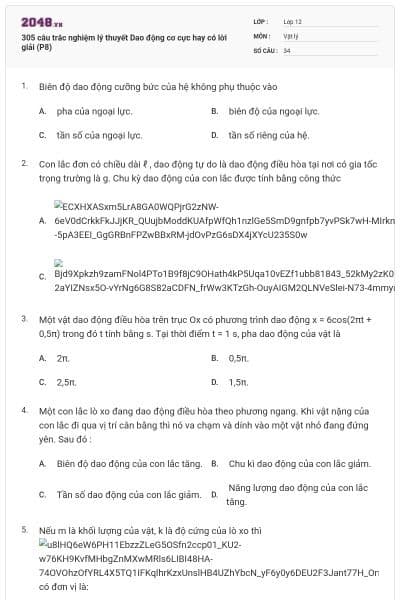 305 câu trắc nghiệm lý thuyết Dao động cơ cực hay có lời giải (P8)