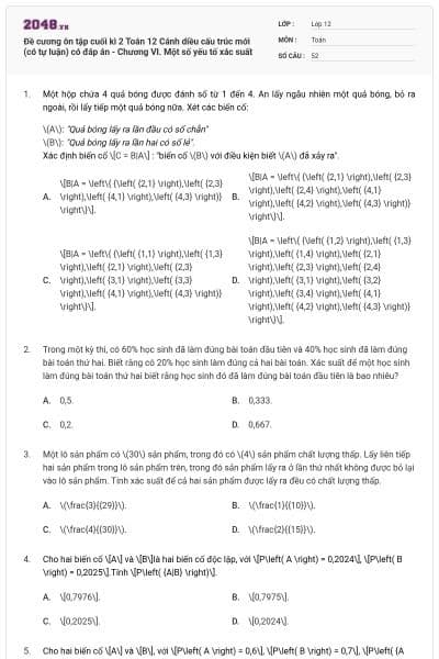 Đề cương ôn tập cuối kì 2 Toán 12 Cánh diều cấu trúc mới (có tự luận) có đáp án - Chương VI. Một số yếu tố xác suất