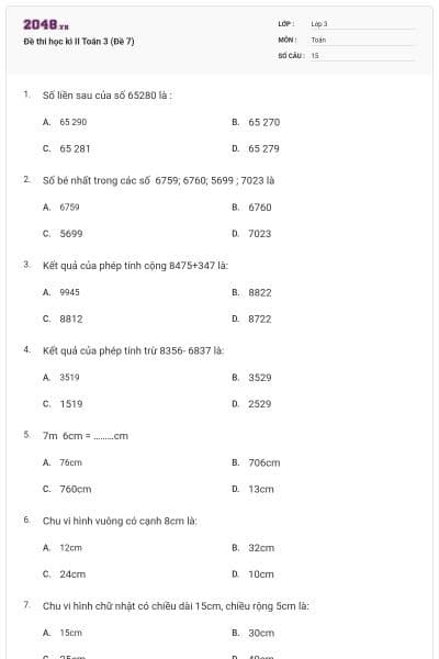 Đề thi học kì II Toán 3 (Đề 7)