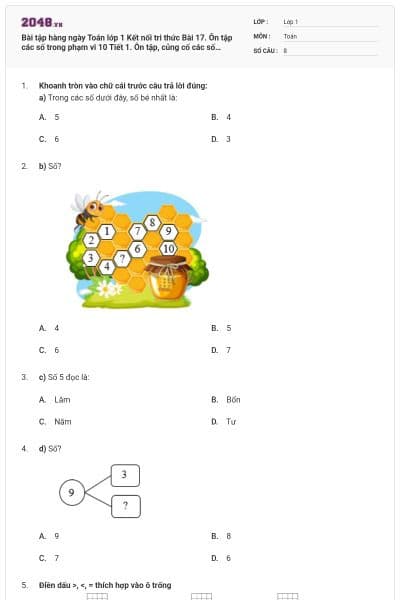 Bài tập hàng ngày Toán lớp 1 Kết nối tri thức Bài 17. Ôn tập các số trong phạm vi 10 Tiết 1. Ôn tập, củng cố các số trong phạm vi 10 có đáp án