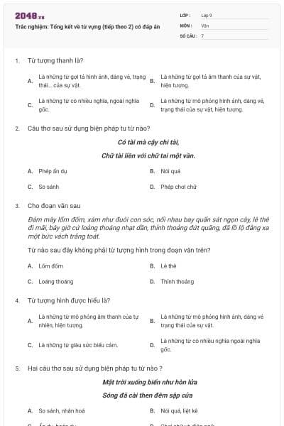 Trắc nghiệm: Tổng kết về từ vựng (tiếp theo 2) có đáp án