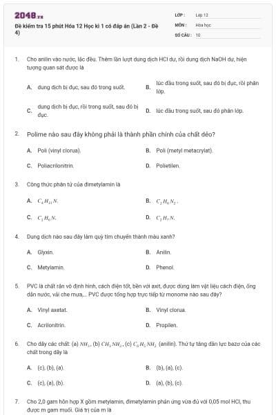 Đề kiểm tra 15 phút Hóa 12 Học kì 1 có đáp án (Lần 2 - Đề 4)