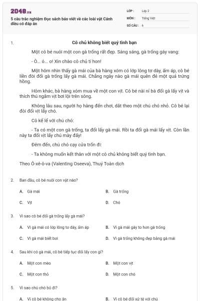 5 câu trắc nghiệm Đọc sách báo viết về các loài vật Cánh diều có đáp án