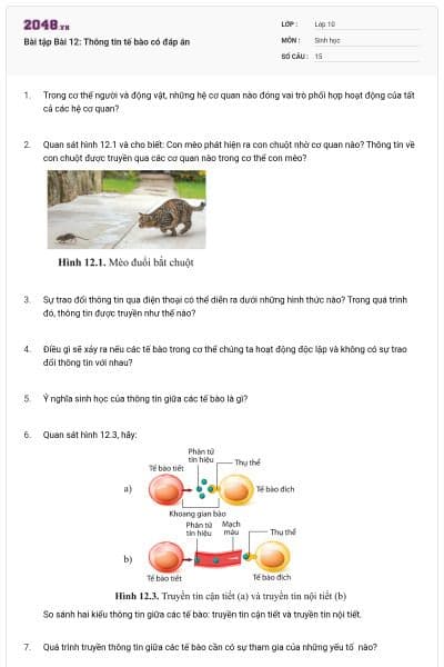 Bài tập Bài 12: Thông tin tế bào có đáp án