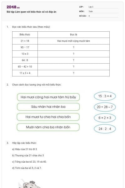 Bài tập Làm quen với biểu thức số có đáp án