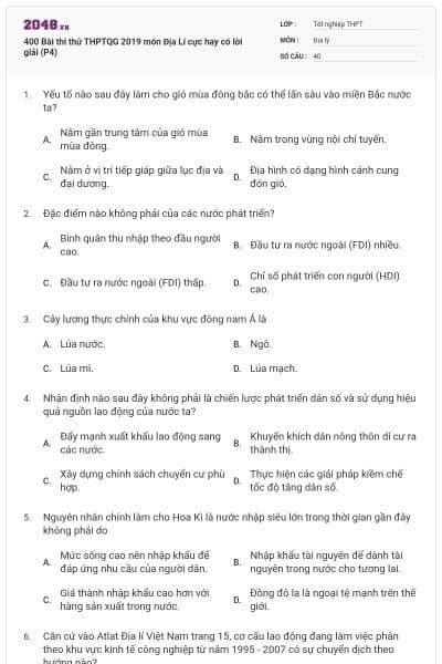 400 Bài thi thử THPTQG 2019 môn Địa Lí cực hay có lời giải (P4)