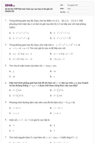 Đề thi thử THPTGQ môn Toán cực cực hay có lời giải chi tiết(Đề 20)