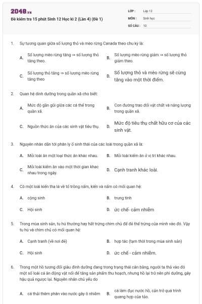 Đề kiểm tra 15 phút Sinh 12 Học kì 2 (Lần 4) (Đề 1)