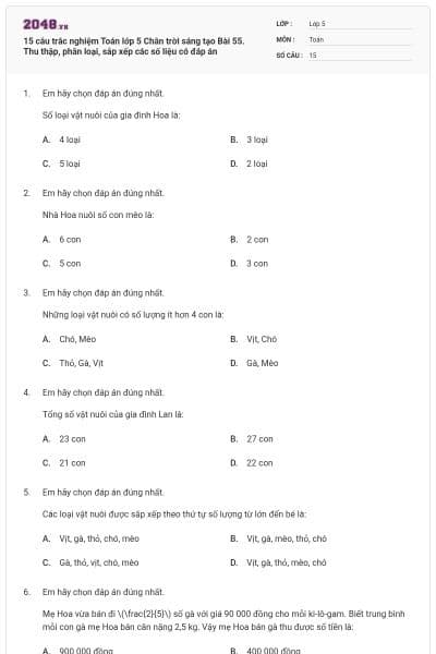 15 câu trắc nghiệm Toán lớp 5 Chân trời sáng tạo Bài 55. Thu thập, phân loại, sắp xếp các số liệu có đáp án