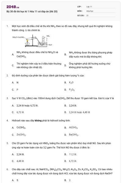 Bộ 30 đề thi học kì 1 Hóa 11 có đáp án (Đề 20)