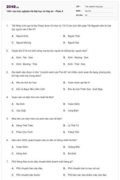 150+ câu trắc nghiệm Hà Nội học có đáp án - Phần 4