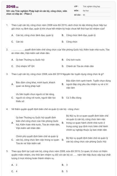 50+ câu Trắc nghiệm Pháp luật về cán bộ, công chức, viên chức có đáp án - Phần 2