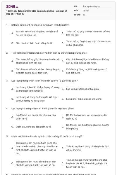 1000+ câu Trắc nghiệm Giáo dục quốc phòng – an ninh có đáp án - Phần 39