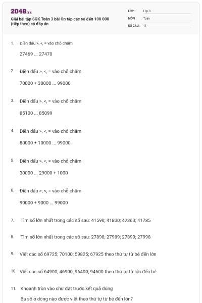 Giải bài tập SGK Toán 3 bài Ôn tập các số đến 100 000 (tiếp theo) có đáp án