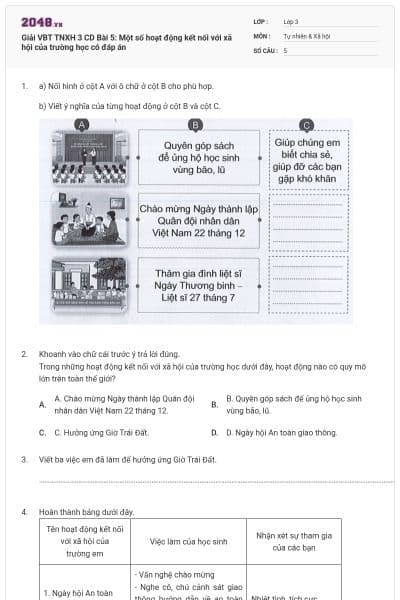 Giải VBT TNXH 3 CD Bài 5: Một số hoạt động kết nối với xã hội của trường học có đáp án