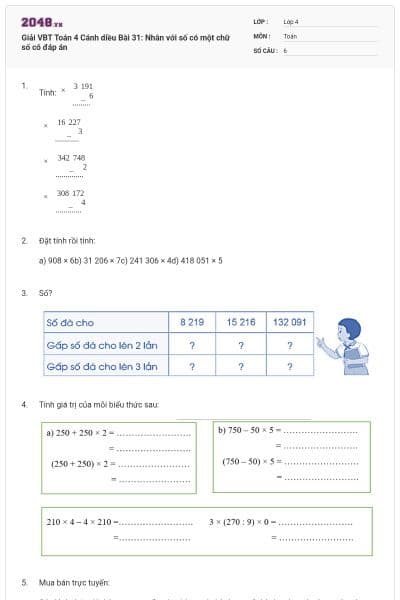 Giải VBT Toán 4 Cánh diều Bài 31: Nhân với số có một chữ số có đáp án