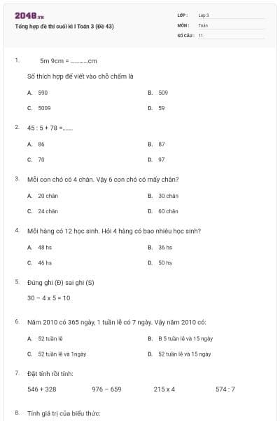 Tổng hợp đề thi cuối kì I Toán 3 (Đề 43)