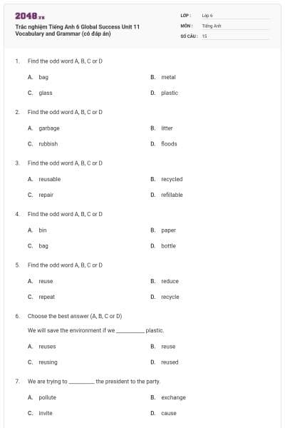 Trắc nghiệm Tiếng Anh 6 Global Success Unit 11 Vocabulary and Grammar (có đáp án)