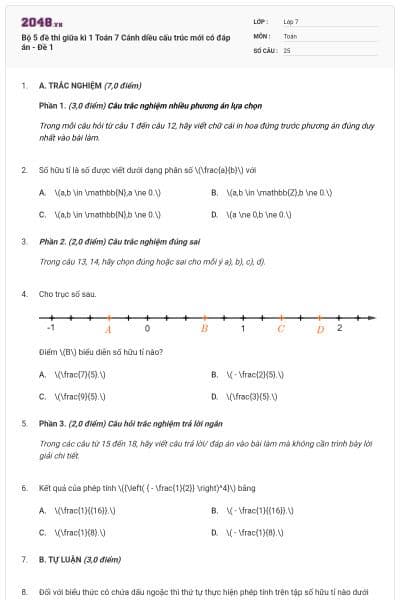 Bộ 5 đề thi giữa kì 1 Toán 7 Cánh diều cấu trúc mới có đáp án - Đề 1