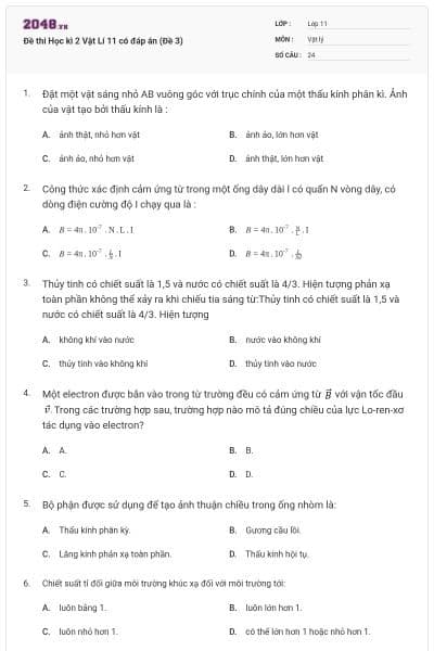 Đề thi Học kì 2 Vật Lí 11 có đáp án (Đề 3)