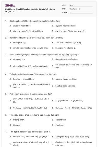 Đề kiểm tra định kì Khoa học tự nhiên 9 Chủ đề 9 có đáp án (Đề 72)