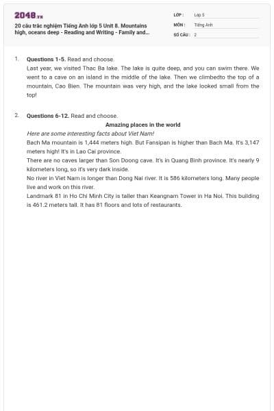 20 câu trắc nghiệm Tiếng Anh lớp 5 Unit 8. Mountains high, oceans deep - Reading and Writing - Family and Friends có đáp án