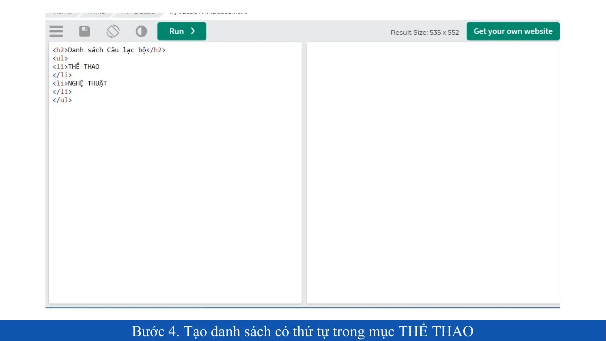 Bước 4. Tạo danh sách có thứ tự trong mục THỂ THAO