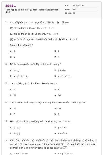 Tổng hợp đề thi thử THPTQG môn Toán mới nhất cực hay (Đề 2)