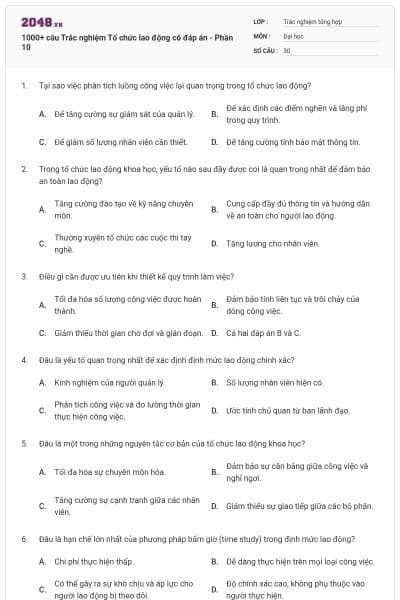 1000+ câu Trắc nghiệm Tổ chức lao động có đáp án - Phần 10