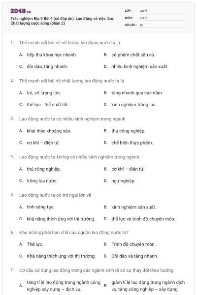 Trắc nghiệm Địa 9 Bài 4 (có đáp án): Lao động và việc làm. Chất lượng cuộc sống (phần 2)